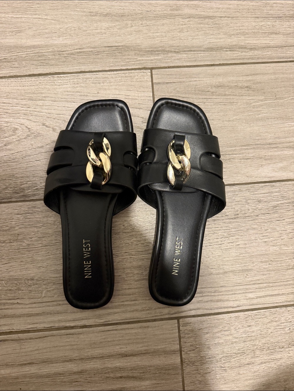 Nine West Black Slide Sandals with Gold Chain Detail